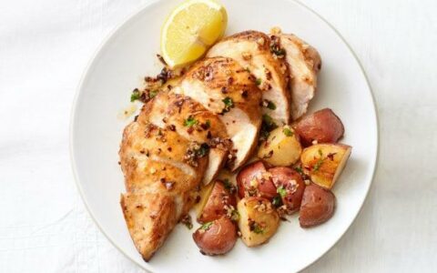 Apple Cider Brined Chicken with New Potatoes Green Onion and Maple Mustard Vinaigrette