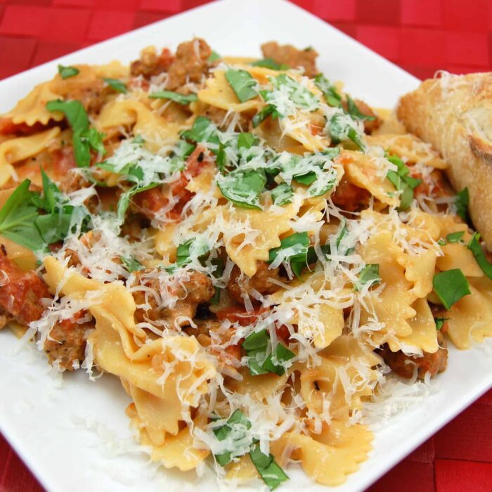 Bow Tie Pasta with Sausage, Tomato in Cream Sauce