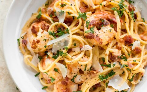 Shrimp and Pancetta over Torn Pasta Sheets